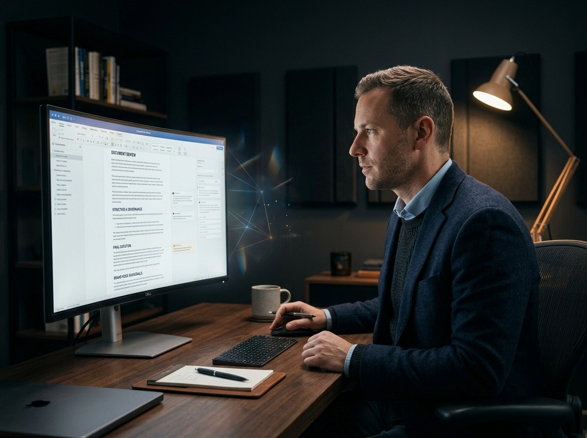 Editor using AI copywriting tools for content strategy optimization on a desktop.