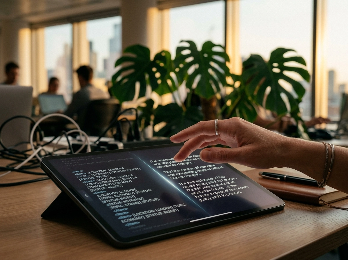 Hand using an ai powered blog generator on a tablet to streamline an automated seo platform workflow.