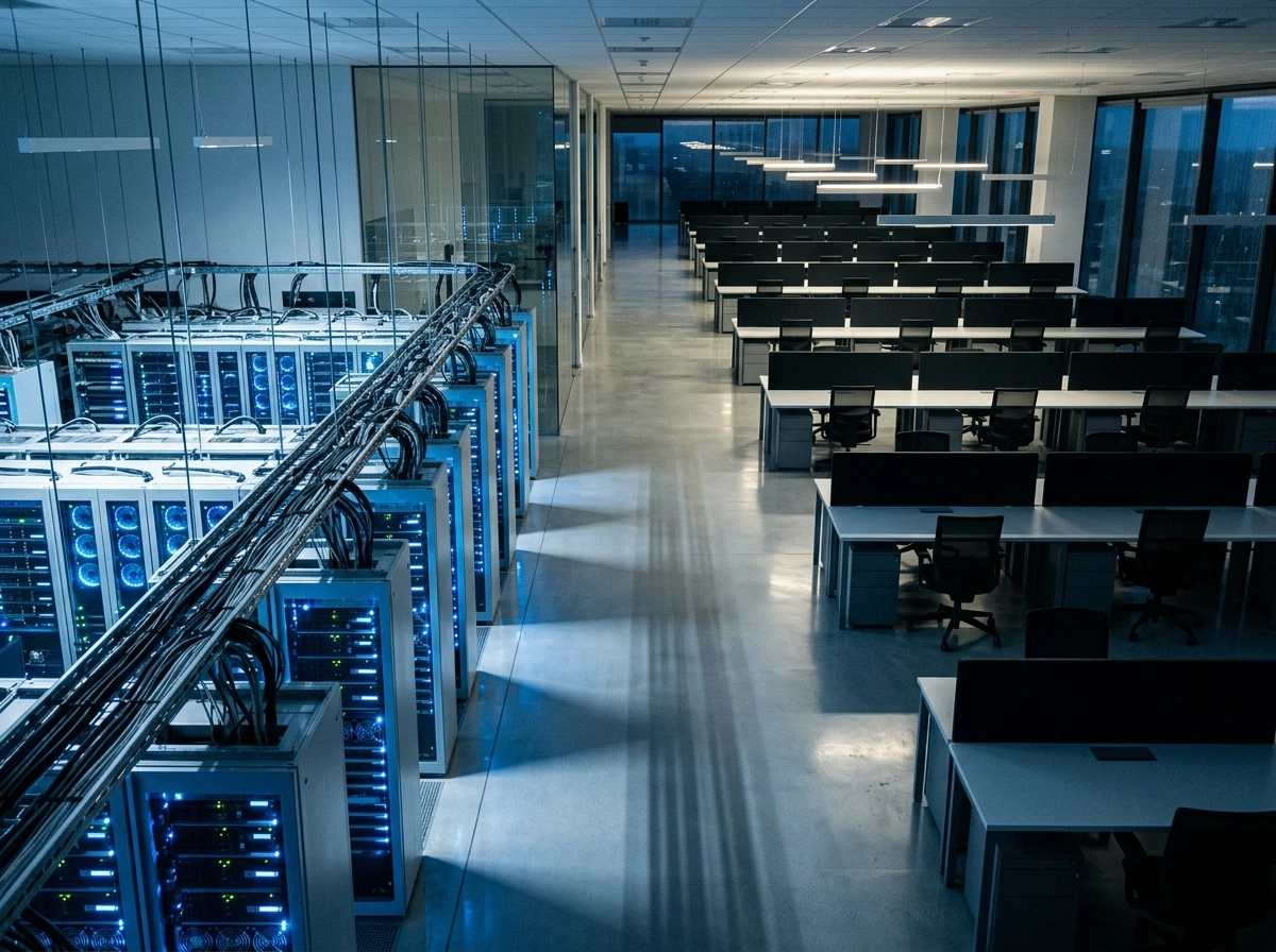 Server room next to an office, showing infrastructure for an ai powered blog generator.