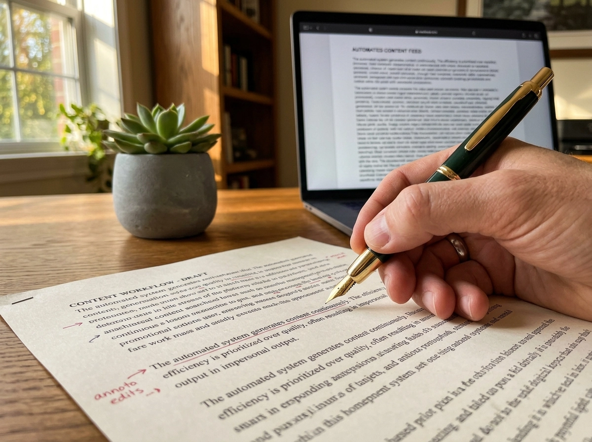 Hand editing a draft from an automated blog post creator with a fountain pen.