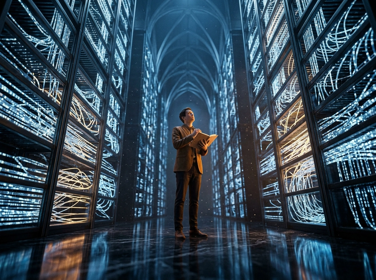 Man in a server room using an AI writing application to automate content creation.