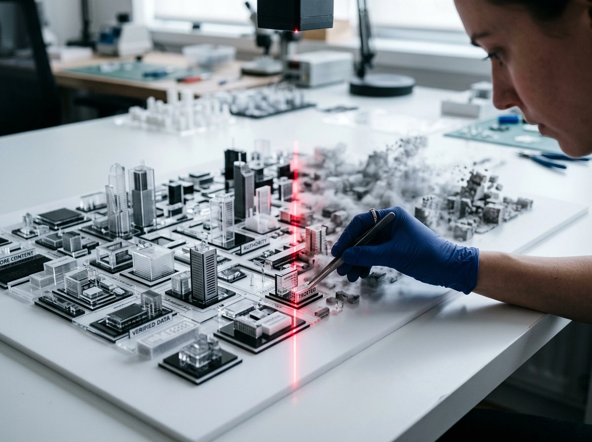 A person using tweezers on a city model, representing an AI SEO content writing assistant refining digital data.