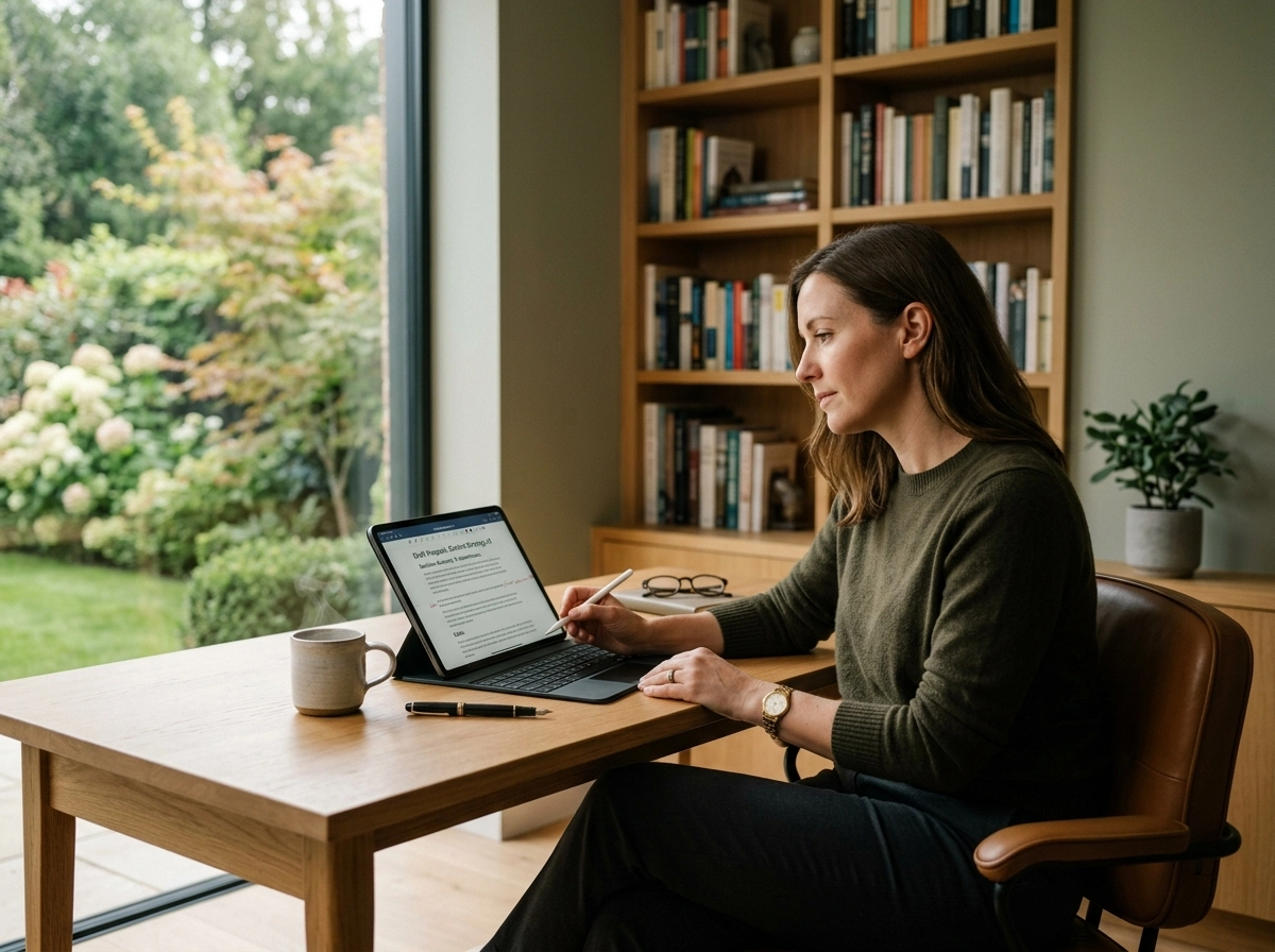 Woman using an AI seo content writing assistant on a tablet at a desk.