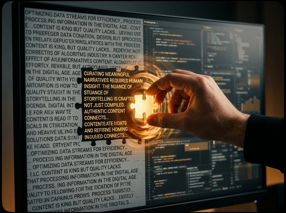 Hand placing a puzzle piece on a screen showing automated content creation tool code.
