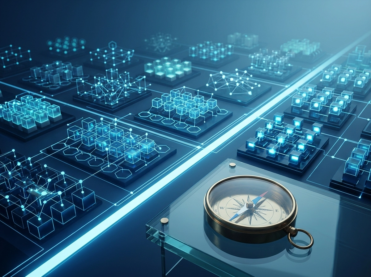 Compass on a digital grid, representing an AI SEO content generator tool.