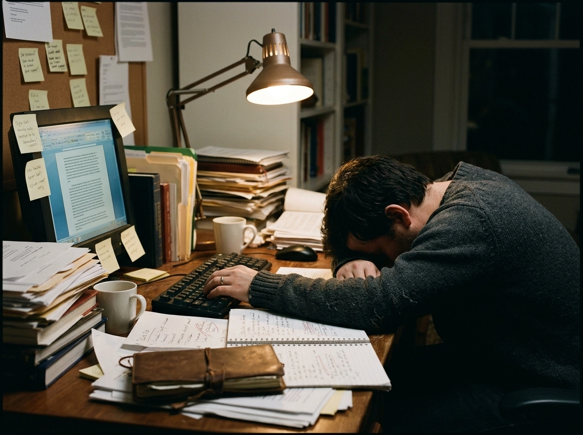 Stressed writer struggling with manual content creation workflow before adopting ai writing operations.