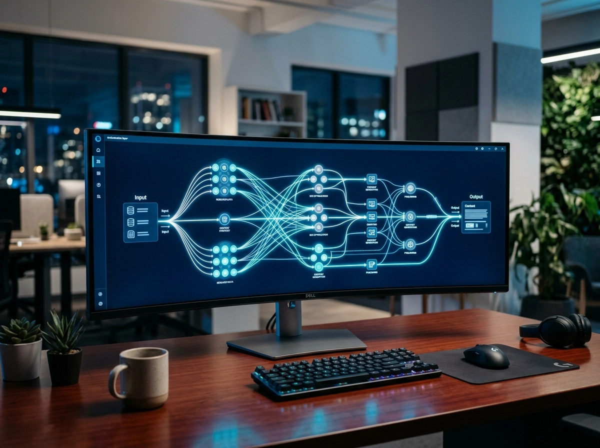 A monitor displaying an intelligent content creation workflow diagram for enterprise content automation.
