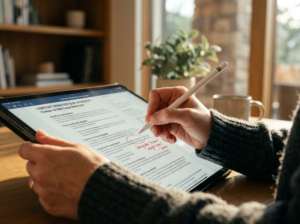 A person editing a document on a tablet, highlighting human-in-the-loop oversight for AI writing operations.
