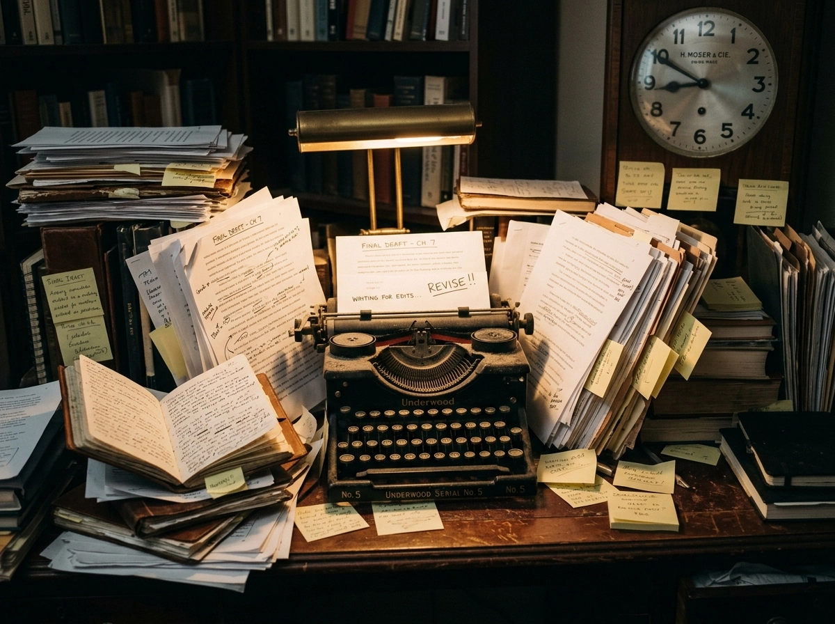 Old typewriter surrounded by paper, contrasting with modern ai seo content writing.