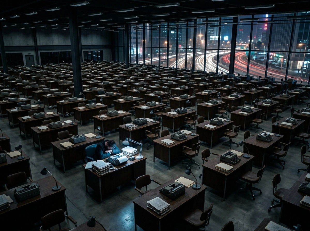A tired writer in a vast office, highlighting the need to automate content creation with AI.
