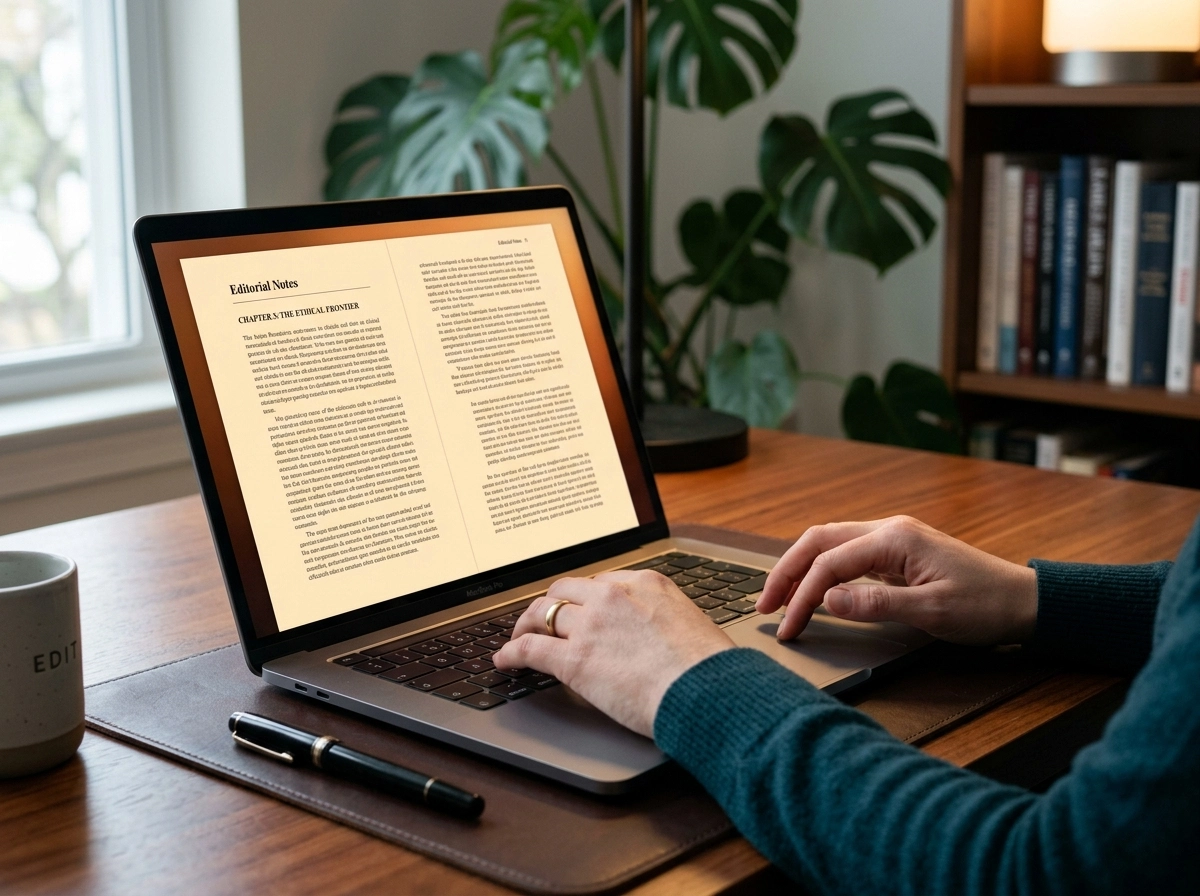 Person using ai seo article writer software to automate content creation on a laptop.