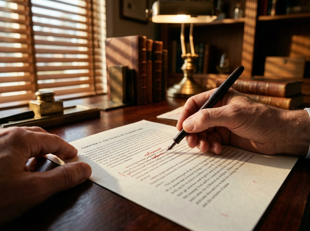 Editor refining content created by automated content creation software on paper.