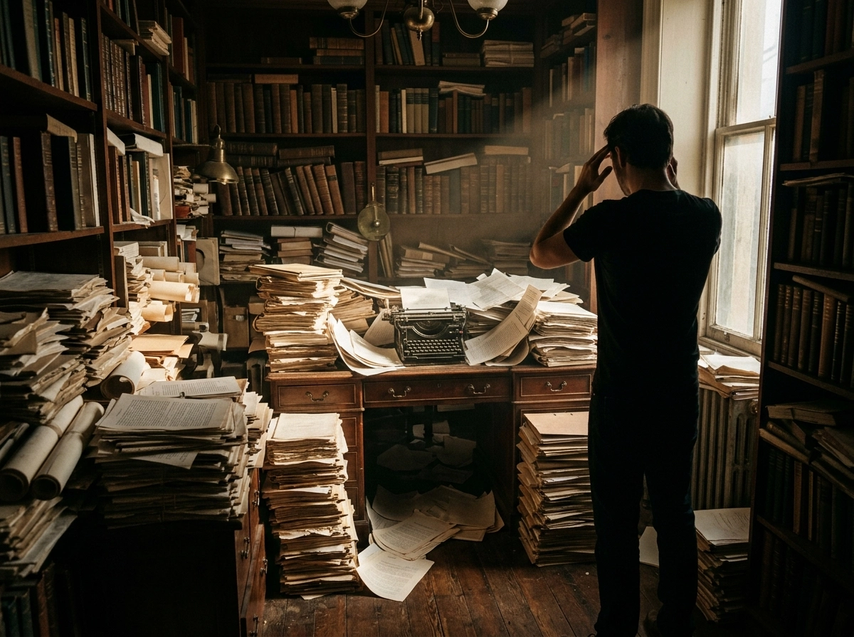 Stressed writer in a library, showing why manual content creation needs an automated seo platform.