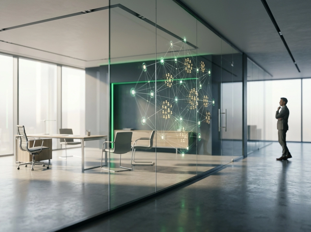 Professional looking at an automated seo platform interface projected in a modern office space.