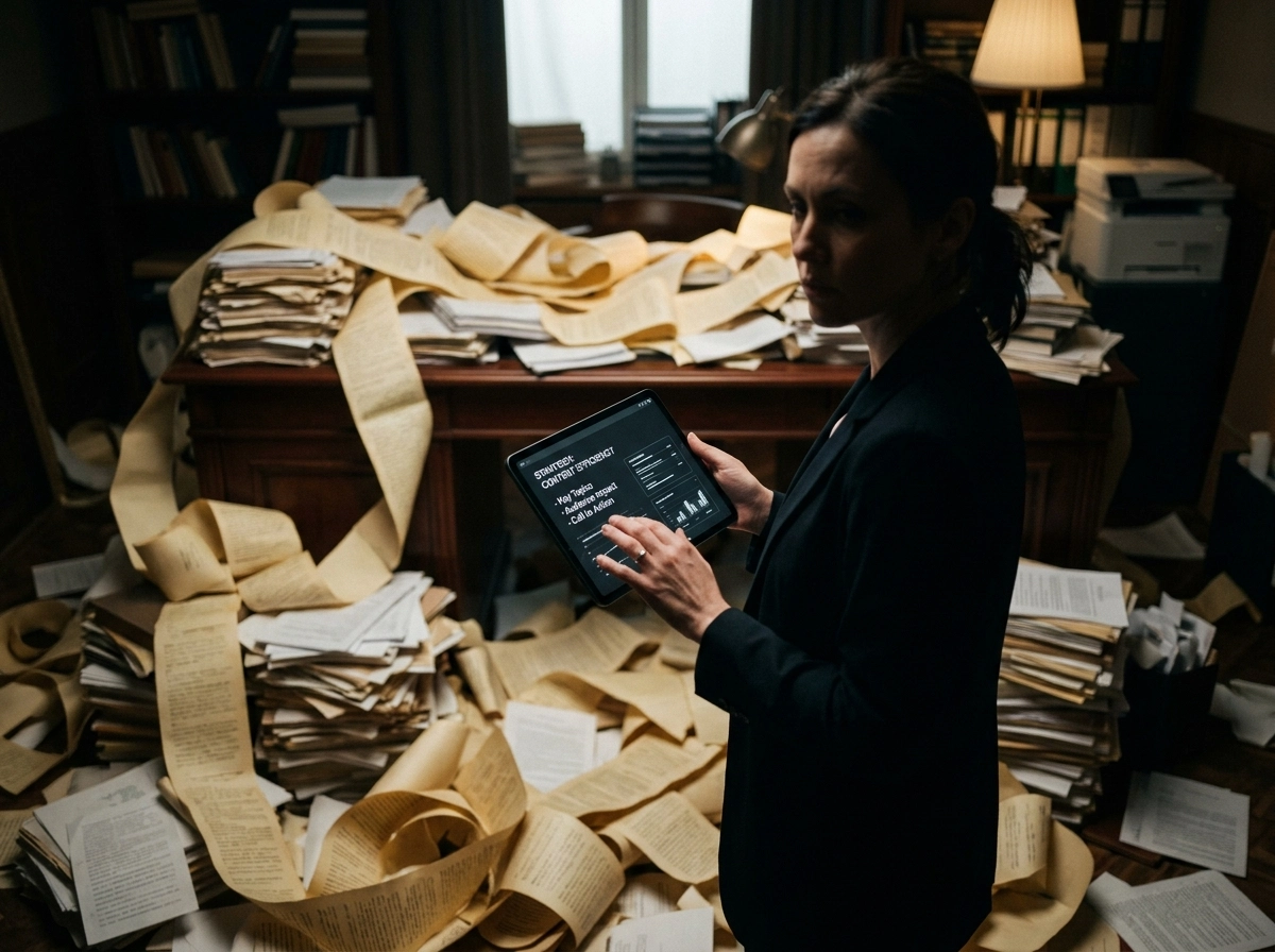 Professional using an AI seo writing assistant to manage high intent keywords amidst paper clutter.