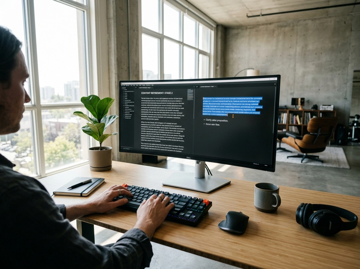Writer using an AI SEO writing assistant to create high-intent content on a desktop computer.