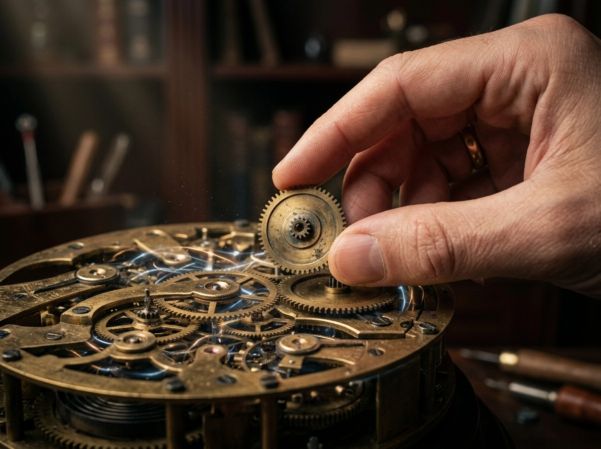 Close-up of a hand adjusting gears, symbolizing automated content creation software optimization.
