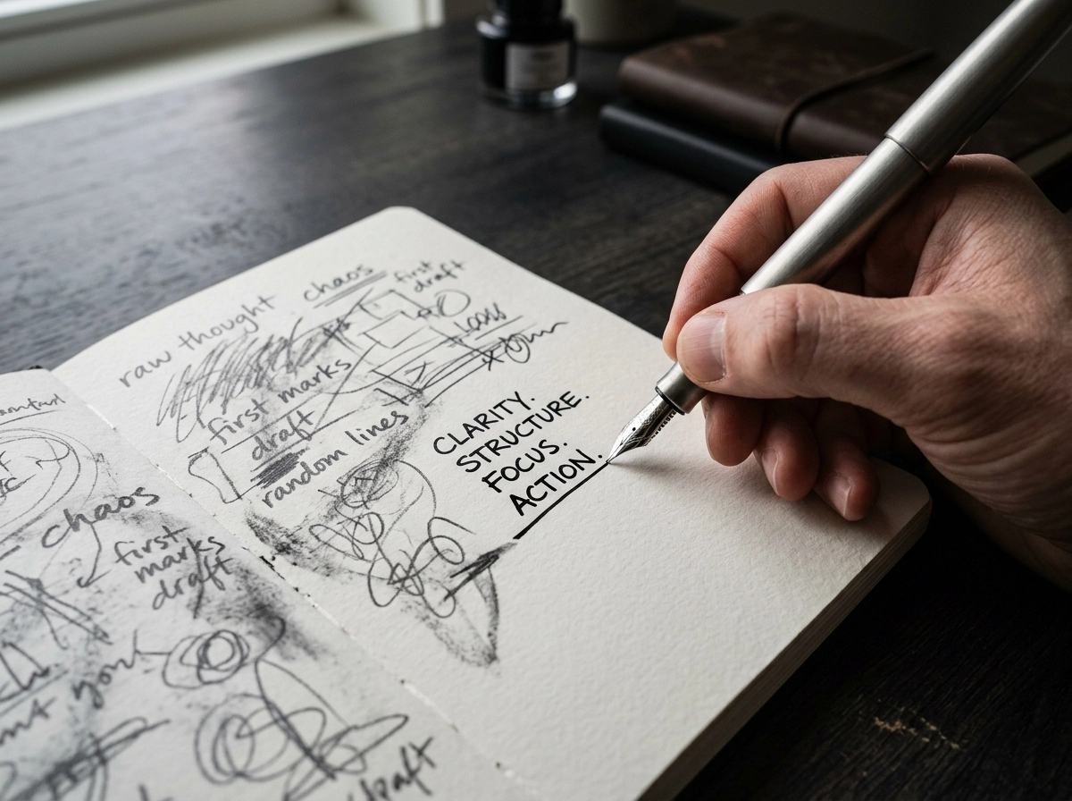 Hand writing in a notebook, illustrating the content automation experiment process.