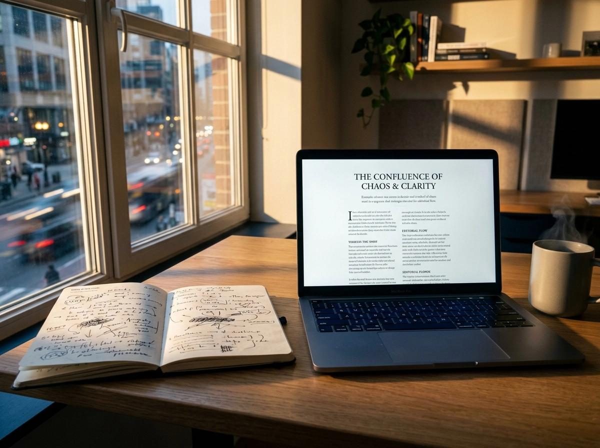 A laptop displaying an ai powered blog generator next to rough notes for content automation.