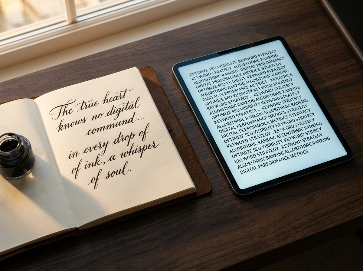 Handwritten text next to a tablet showing repetitive seo content, highlighting brand tone of voice.