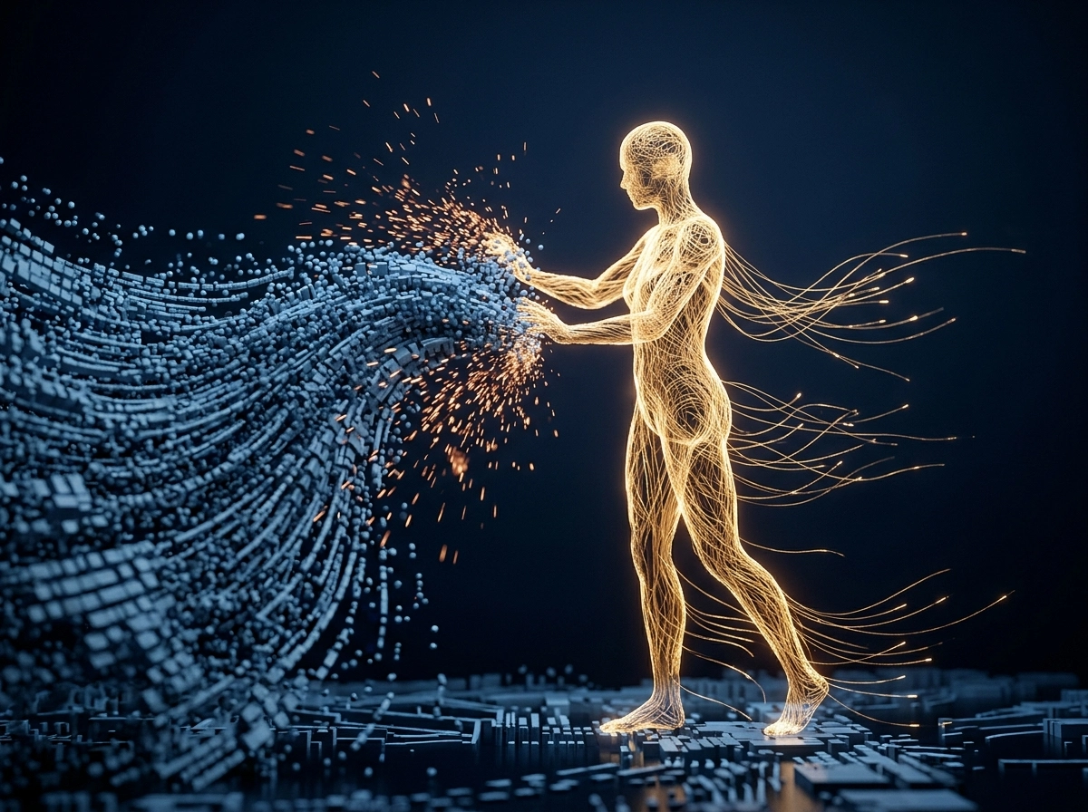 Glowing digital figure using an seo friendly content generator to shape data.