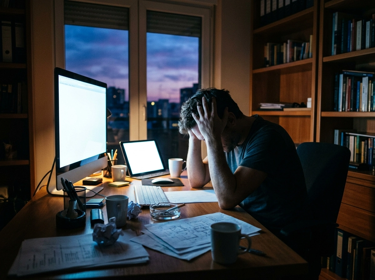 Stressed writer struggling with automated writing tools and brand voice.