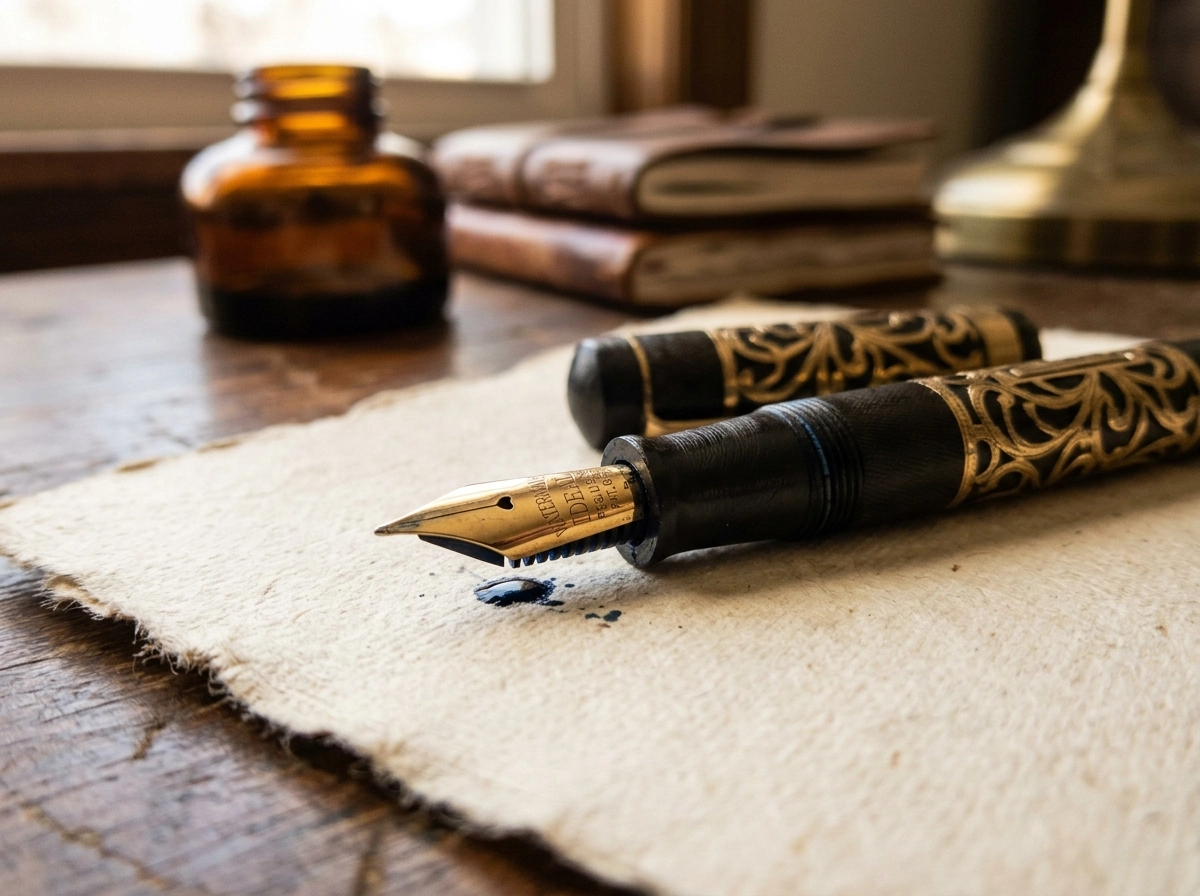 An ornate fountain pen on paper, contrasting with modern ai content creation software.