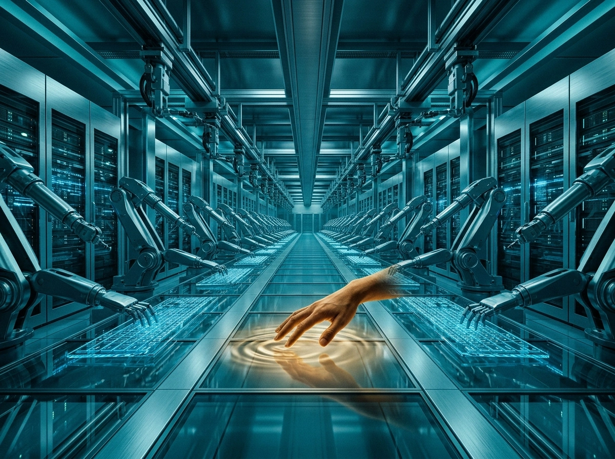 A smart content generator uses robotic arms to create text in a futuristic server room.