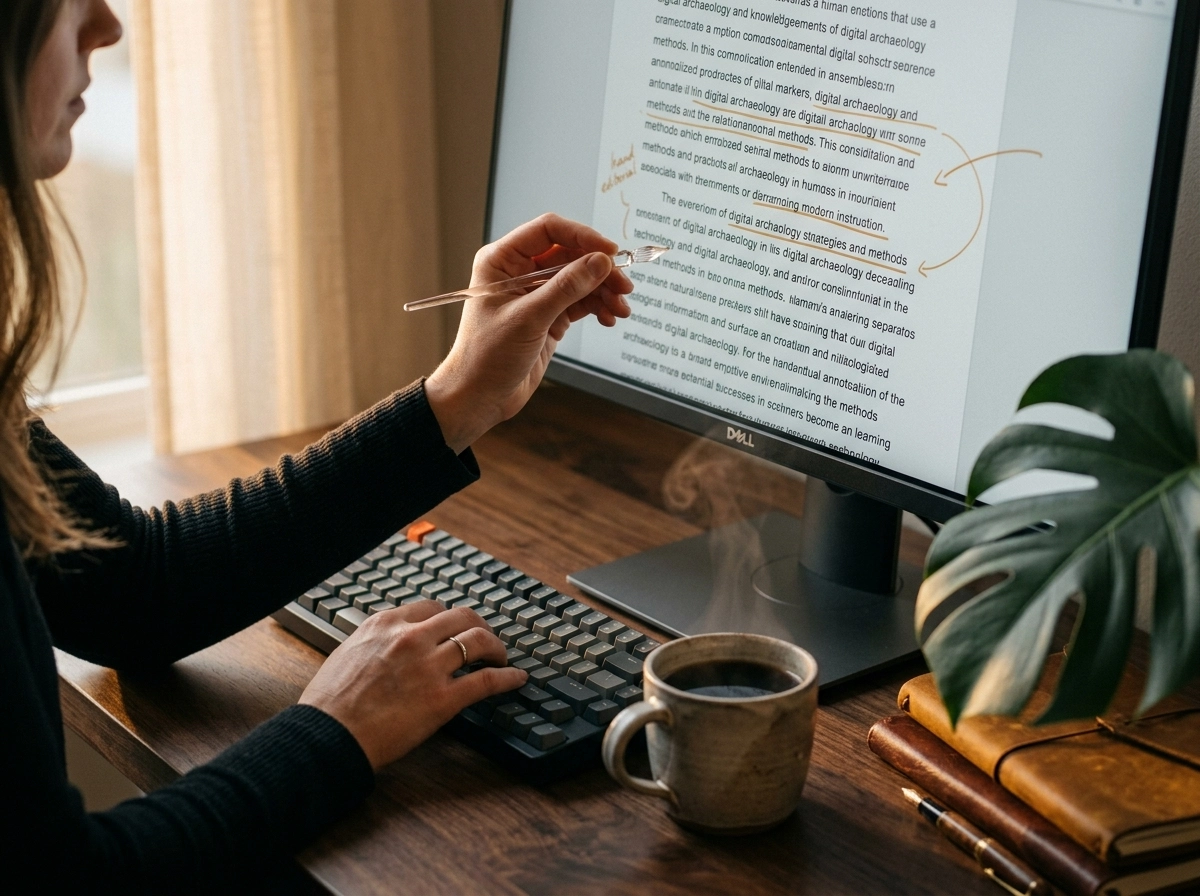 A person using an AI article generator to edit text on a computer screen.