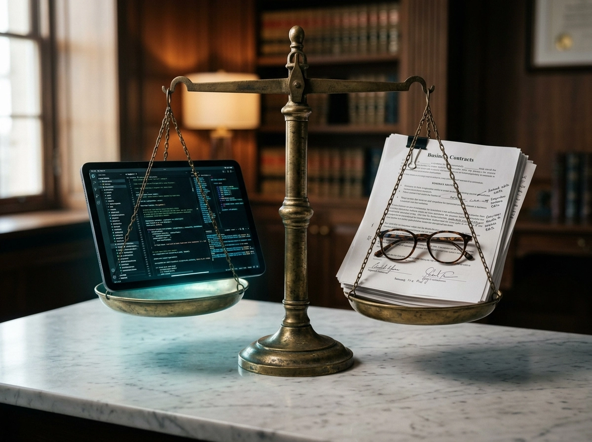 Scales balancing a tablet with code against legal contracts, representing content automation ROI.