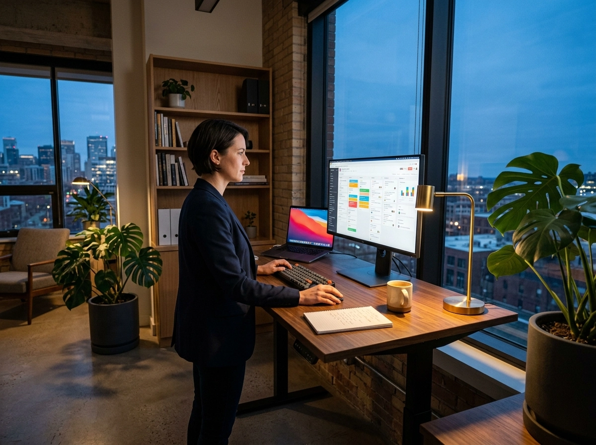 Professional working at a standing desk using an automated writing platform to scale blog content.