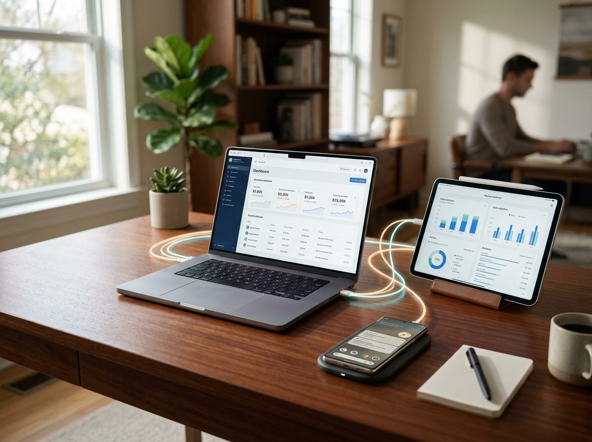 Laptop and tablet displaying content automation ROI data, highlighting AI content saas benefits.