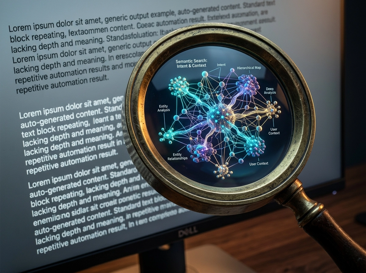Magnifying glass over SEO content software showing semantic search alignment.