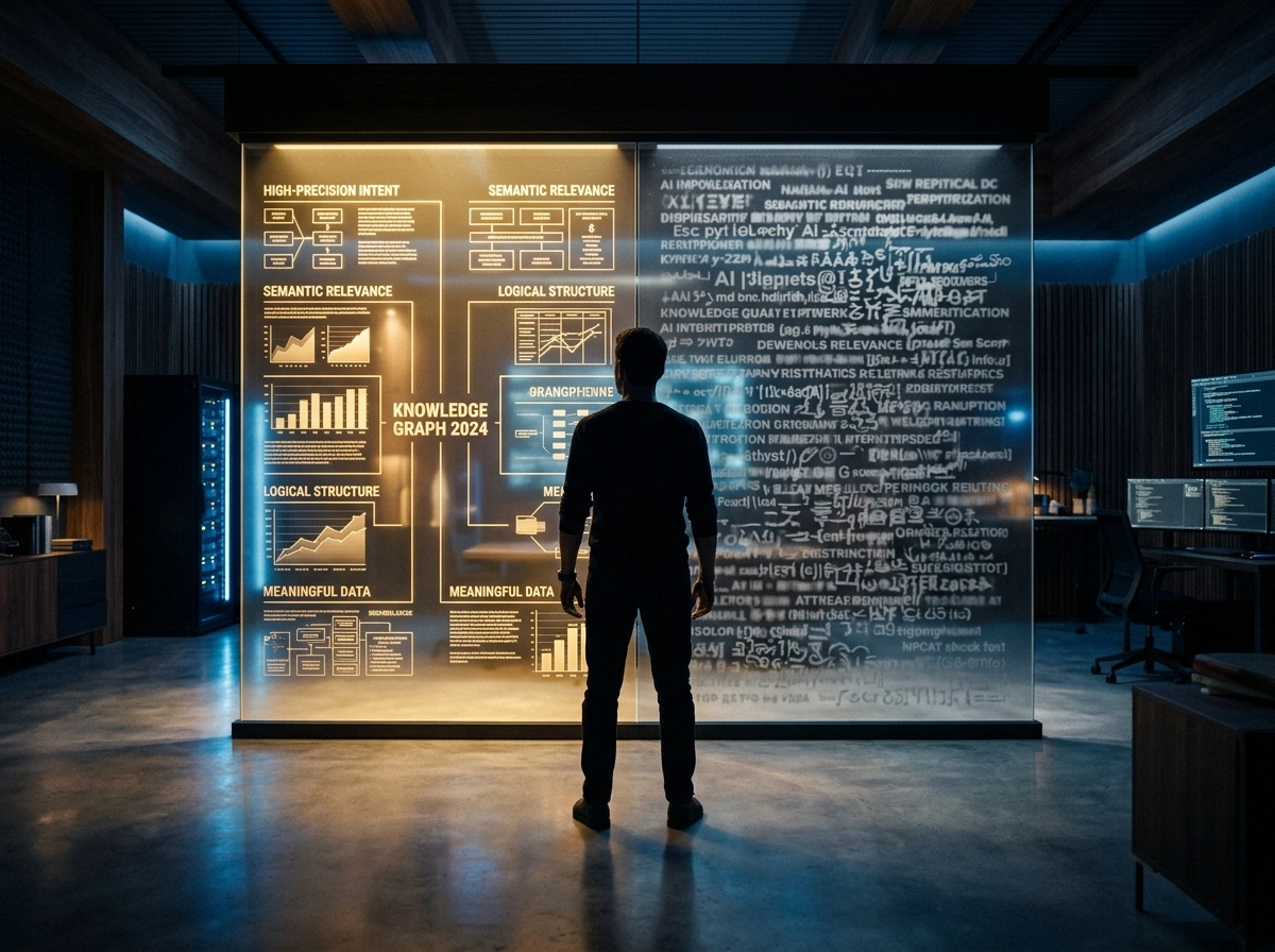 A person analyzing a digital knowledge graph for search intent optimization and semantic search alignment.