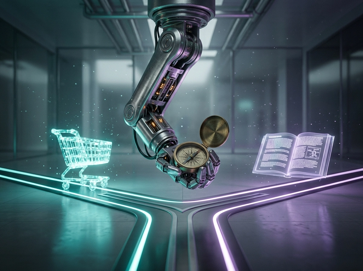A robotic arm holding a compass, representing AI content generation and search intent optimization.