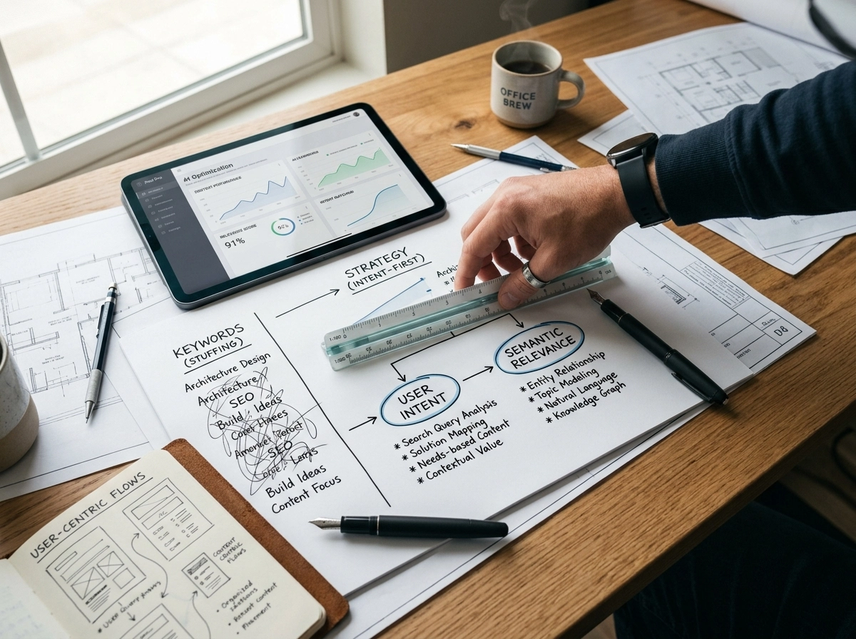 Hand using ruler on search intent optimization diagram for AI content generation strategy.