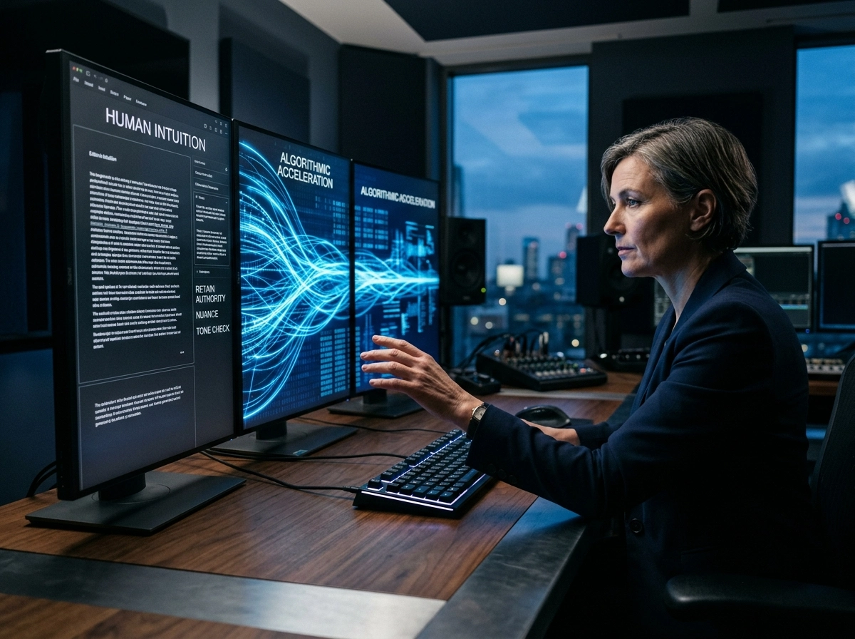 Professional using an SEO automation tool to balance human intuition with algorithmic acceleration.