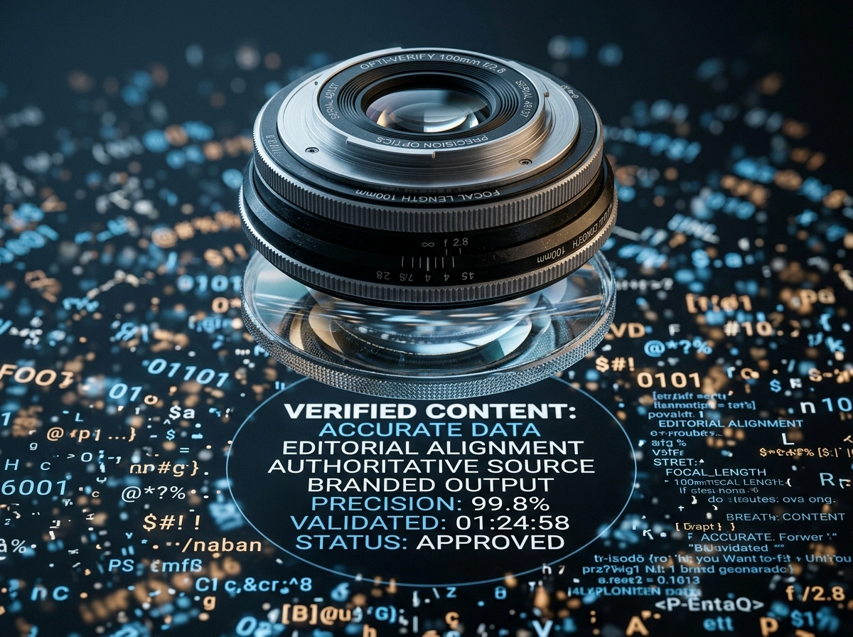 Camera lens over digital data, representing an ai driven content platform for accurate content writing.