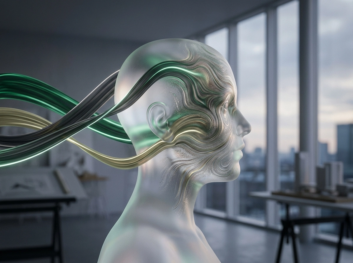 Abstract glass human head with flowing lines, symbolizing ai writing help and digital marketing automation.