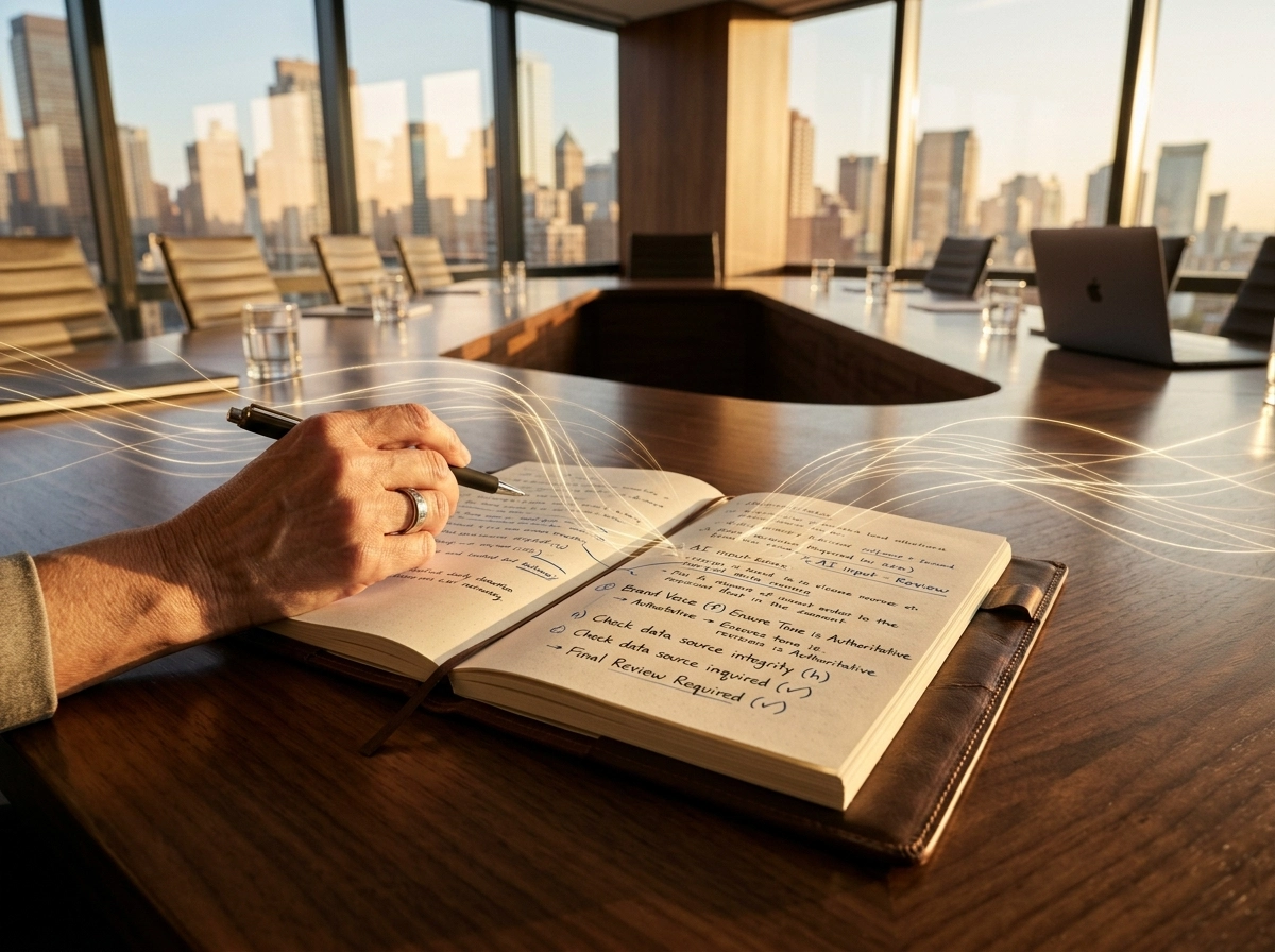 Hand writing notes on AI content generation strategy in a modern office boardroom.