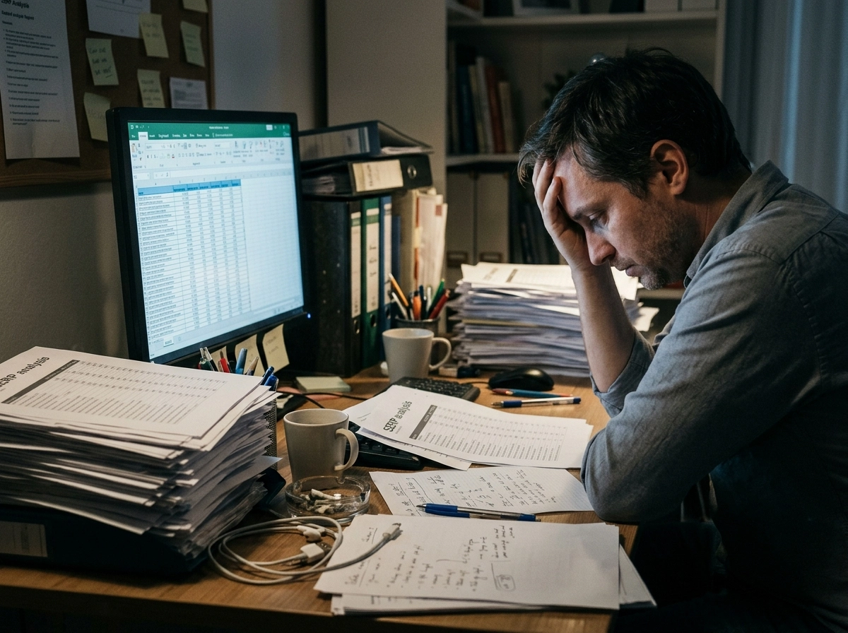 A stressed worker struggling with manual content creation, highlighting the need for efficient AI writing tools.