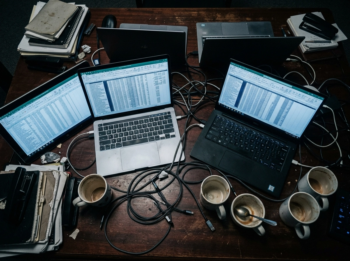 Cluttered desk with laptops showing complex spreadsheets, highlighting the need for efficient content production.