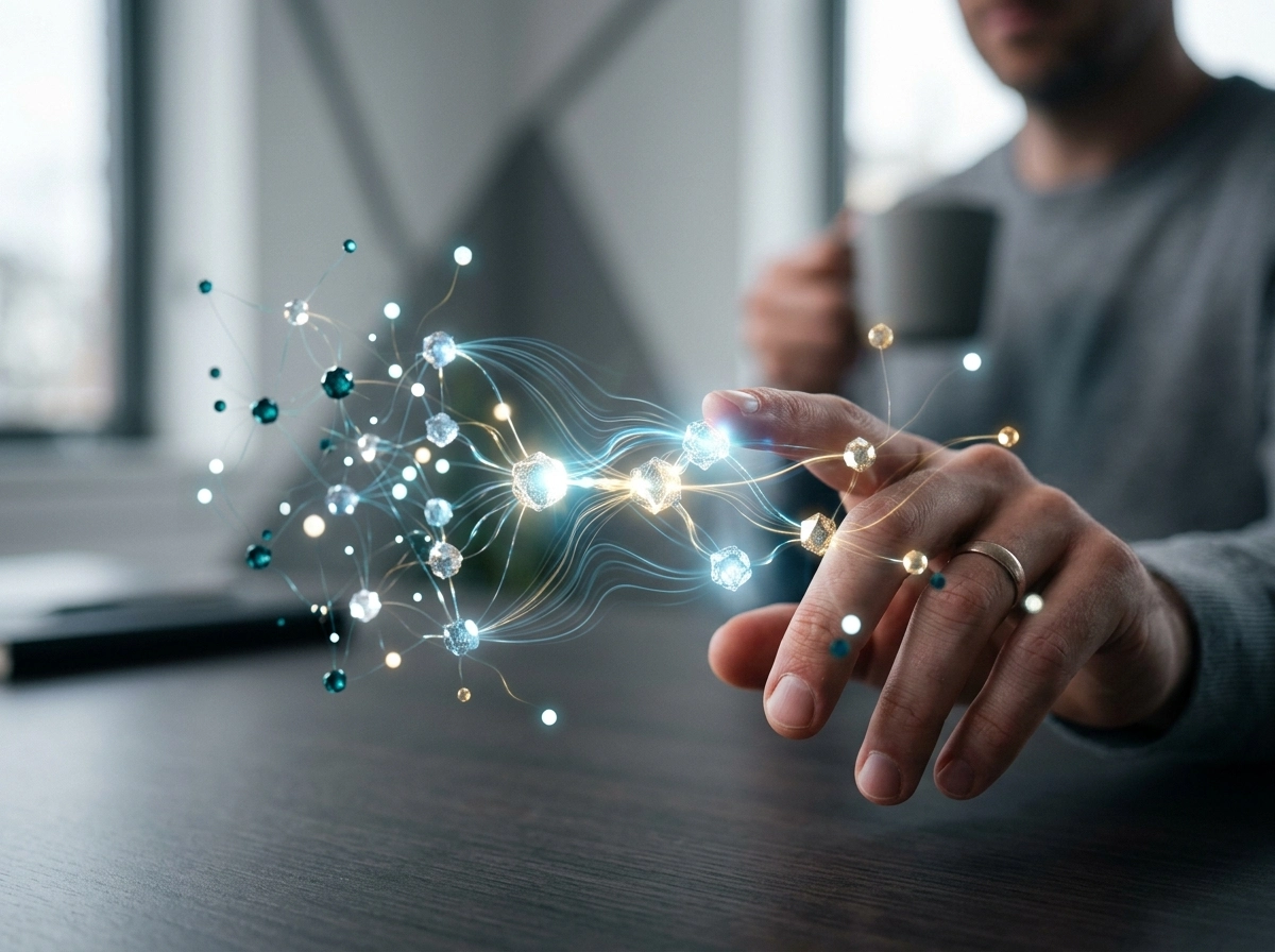 A person interacting with a digital AI network, representing a streamlined content workflow and AI writing tools.