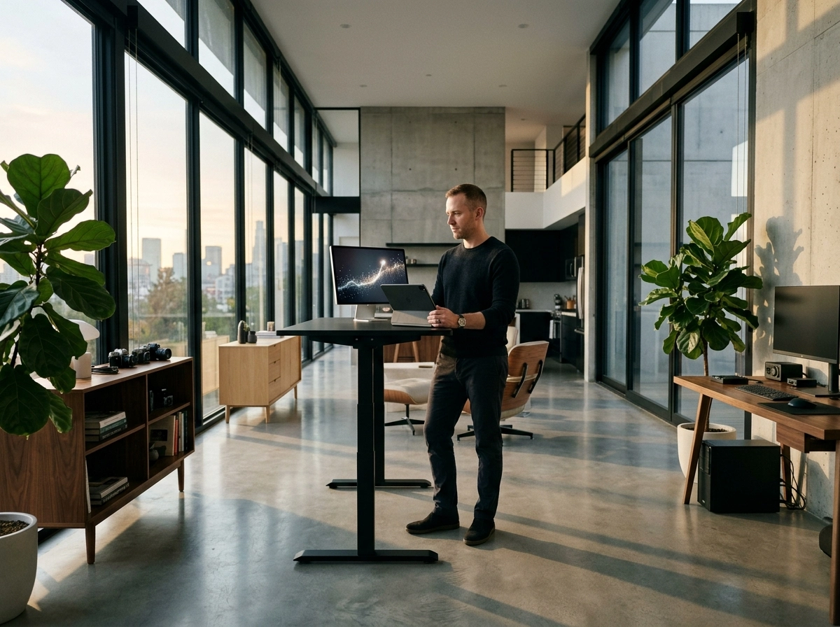 Man using an AI content saas in a modern office for efficient content production and strategy.