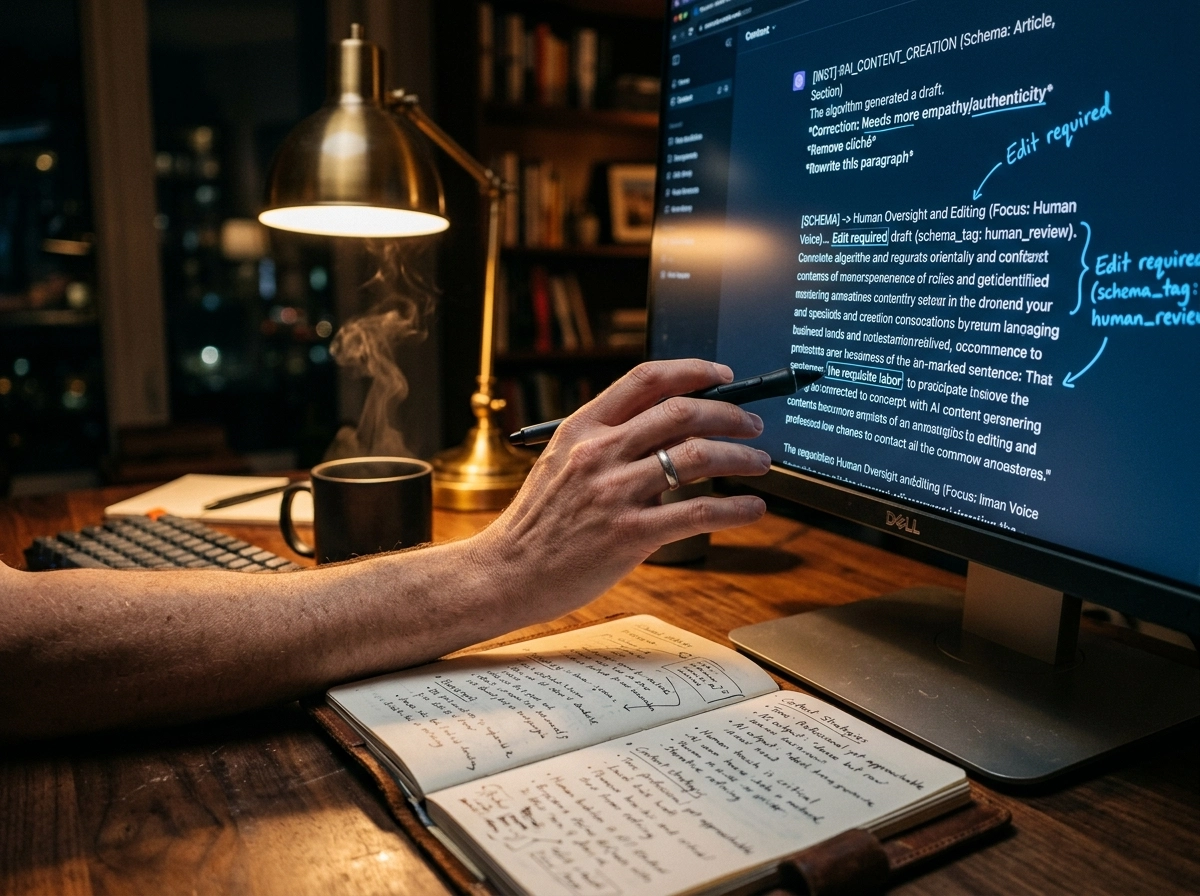 Close-up of editing AI content generator output using automated writing software for business.