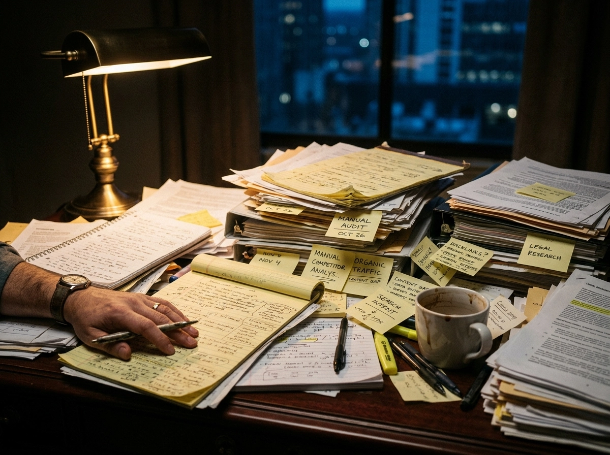 A messy desk showing the need for an automated seo platform instead of manual research.