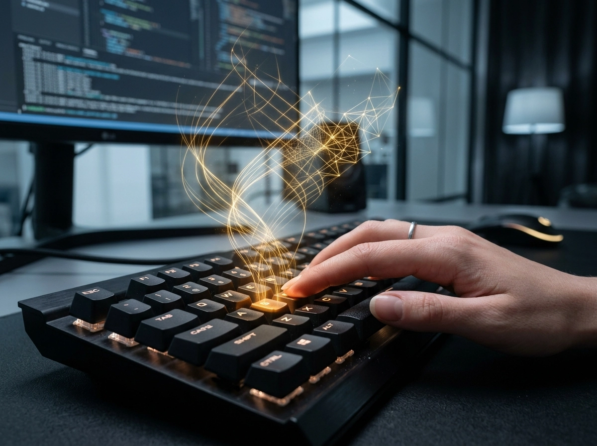 Hand typing on a keyboard with an AI seo content generator digital effect.