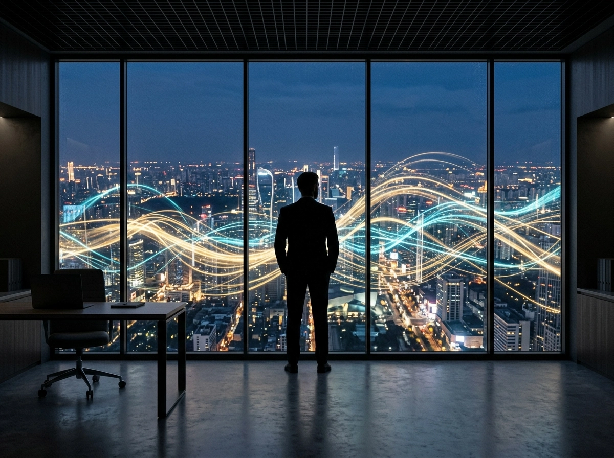 Executive using an ai seo content generator to view digital data trends over a city skyline.