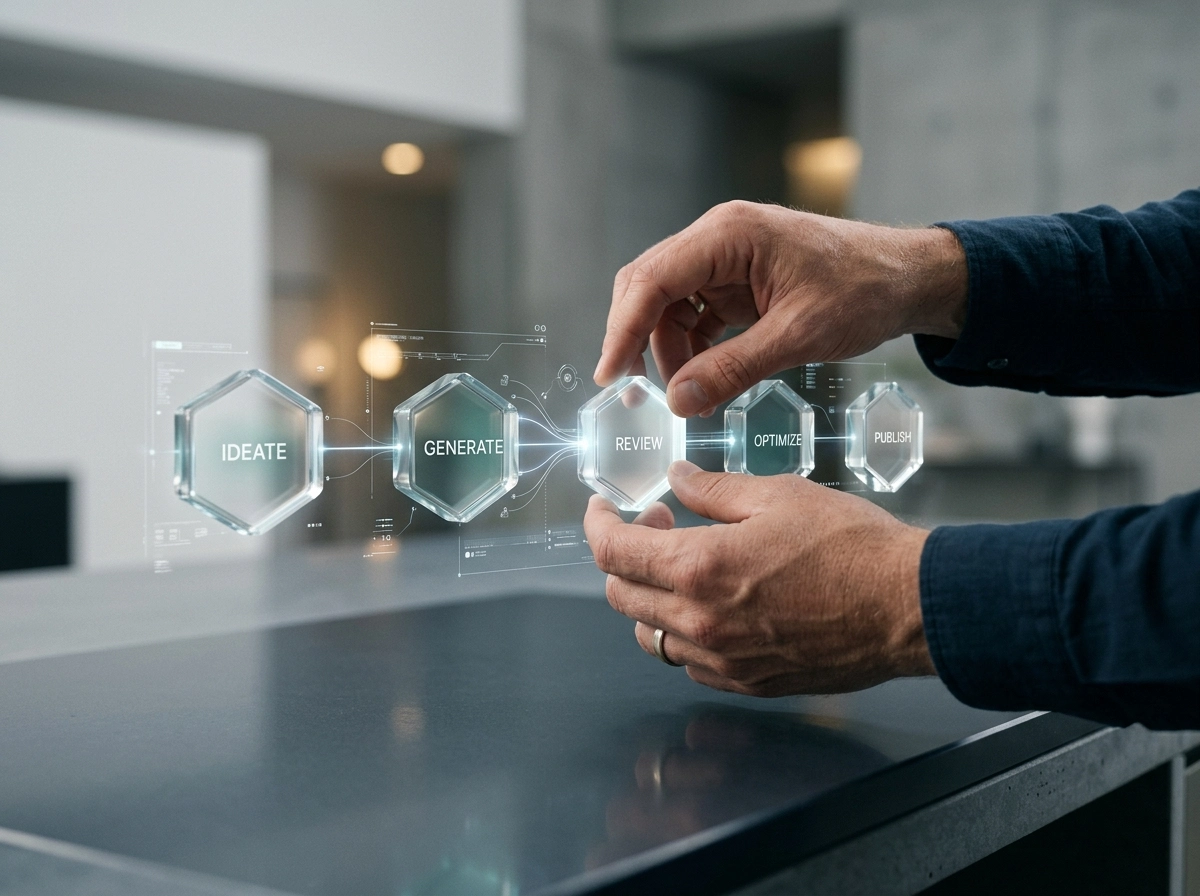 Hands interacting with a digital workflow using an seo optimized ai content generator tool.
