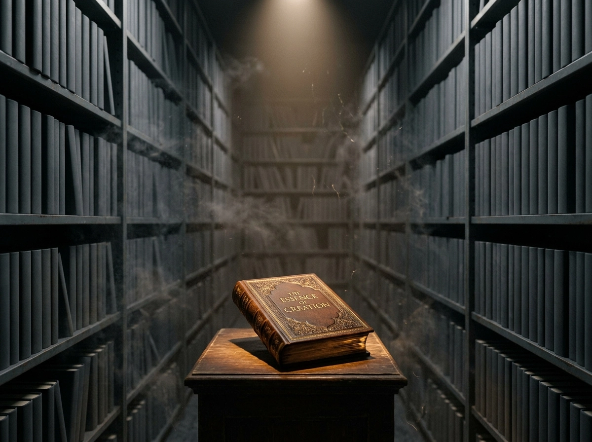 A book titled The Essence of Creation in a library, representing automated content creation strategies.